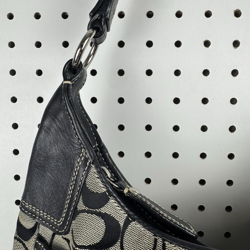 COACH Signature Hobo Shoulder Bag Turn Lock Leather Canvas Black Gray F 13971 - Picture 6 of 16